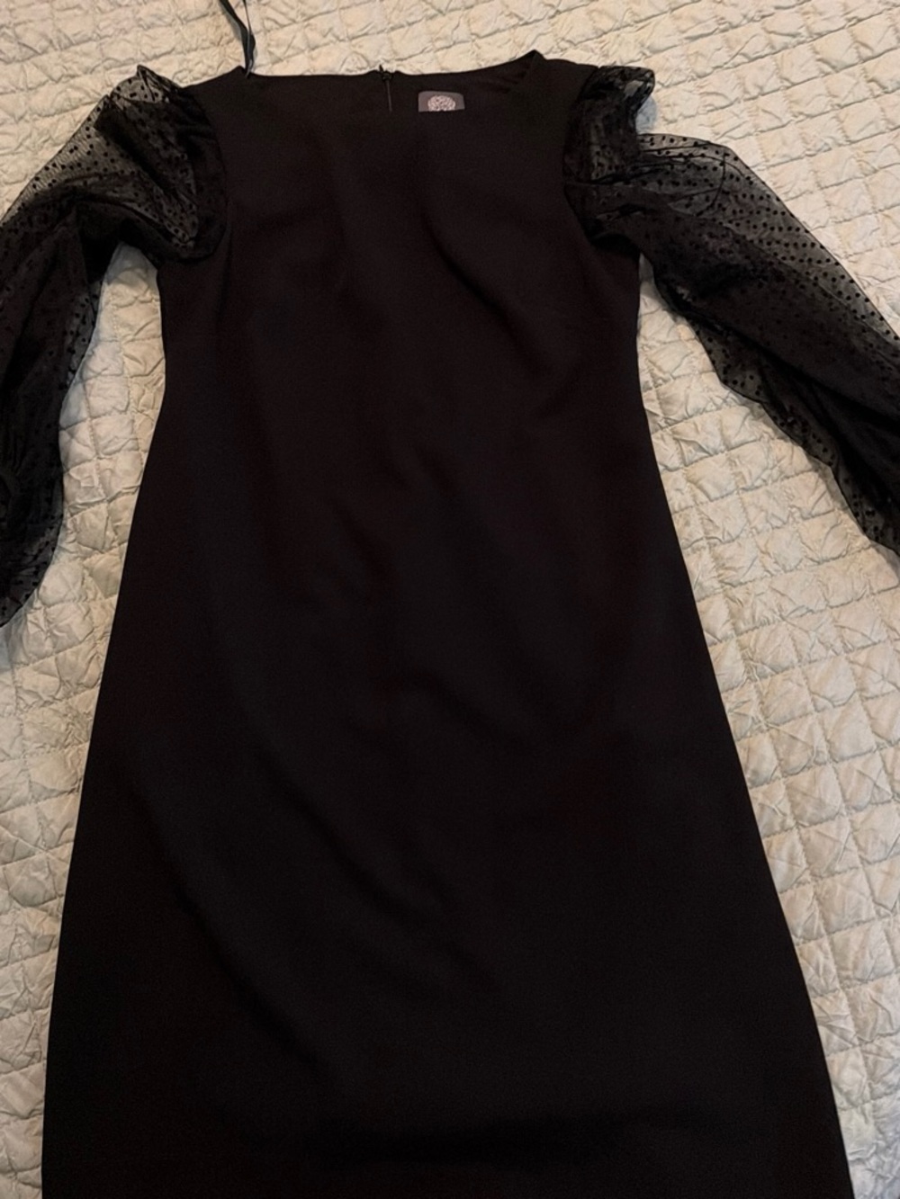 Vince Camuto Black Shift Dress with Sheer Dotted Bishop Sleeves